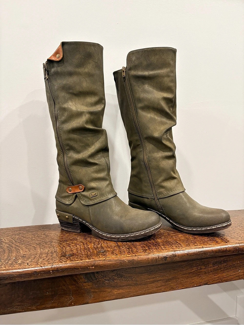 Rieker Bernadette Tall Slouch Boots Olive Green Water-Resistant Fleece Lined 5.5